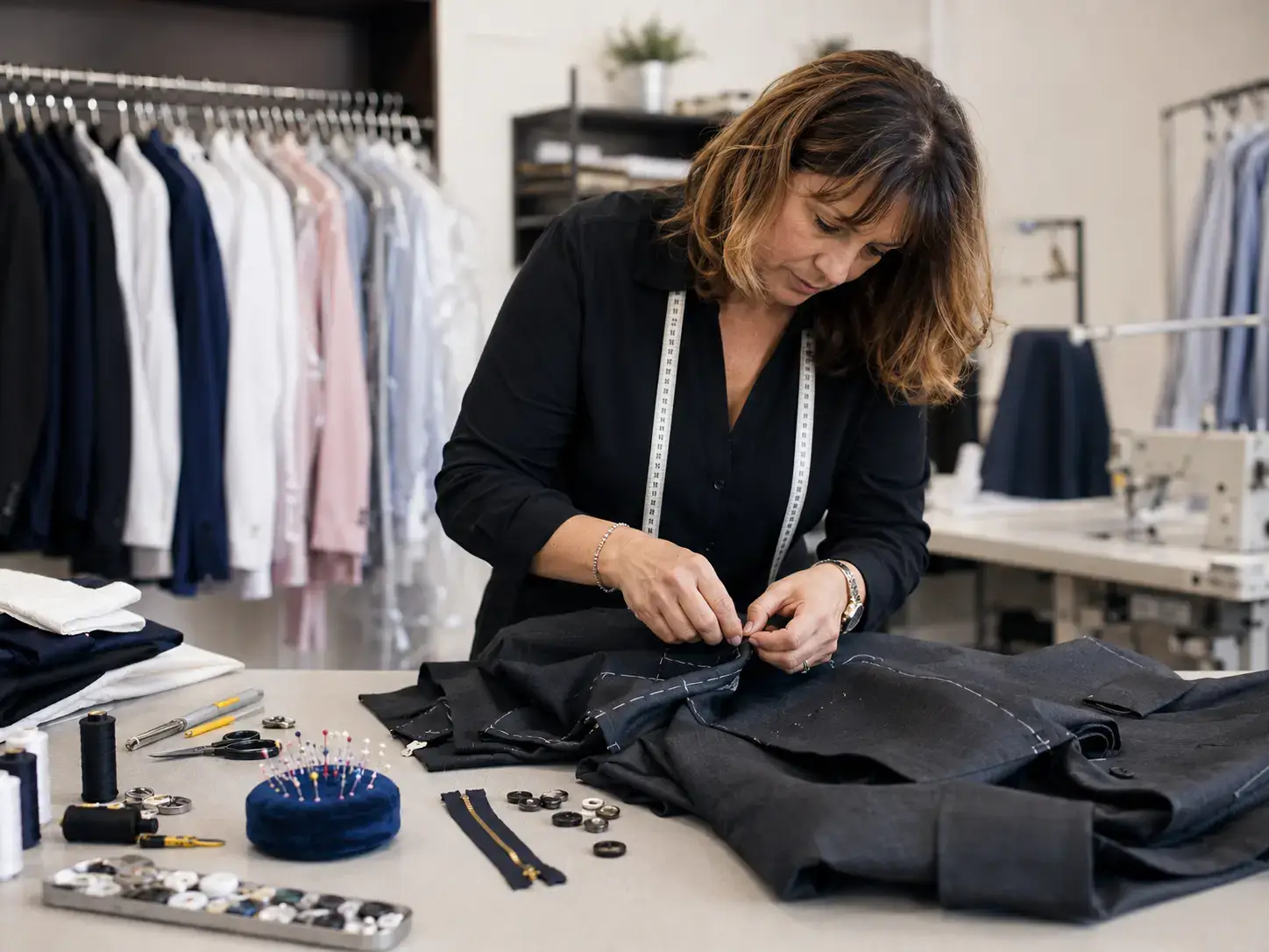 Tailor working on a garment at Foxboro Dry Cleaners alterations and repairs bench