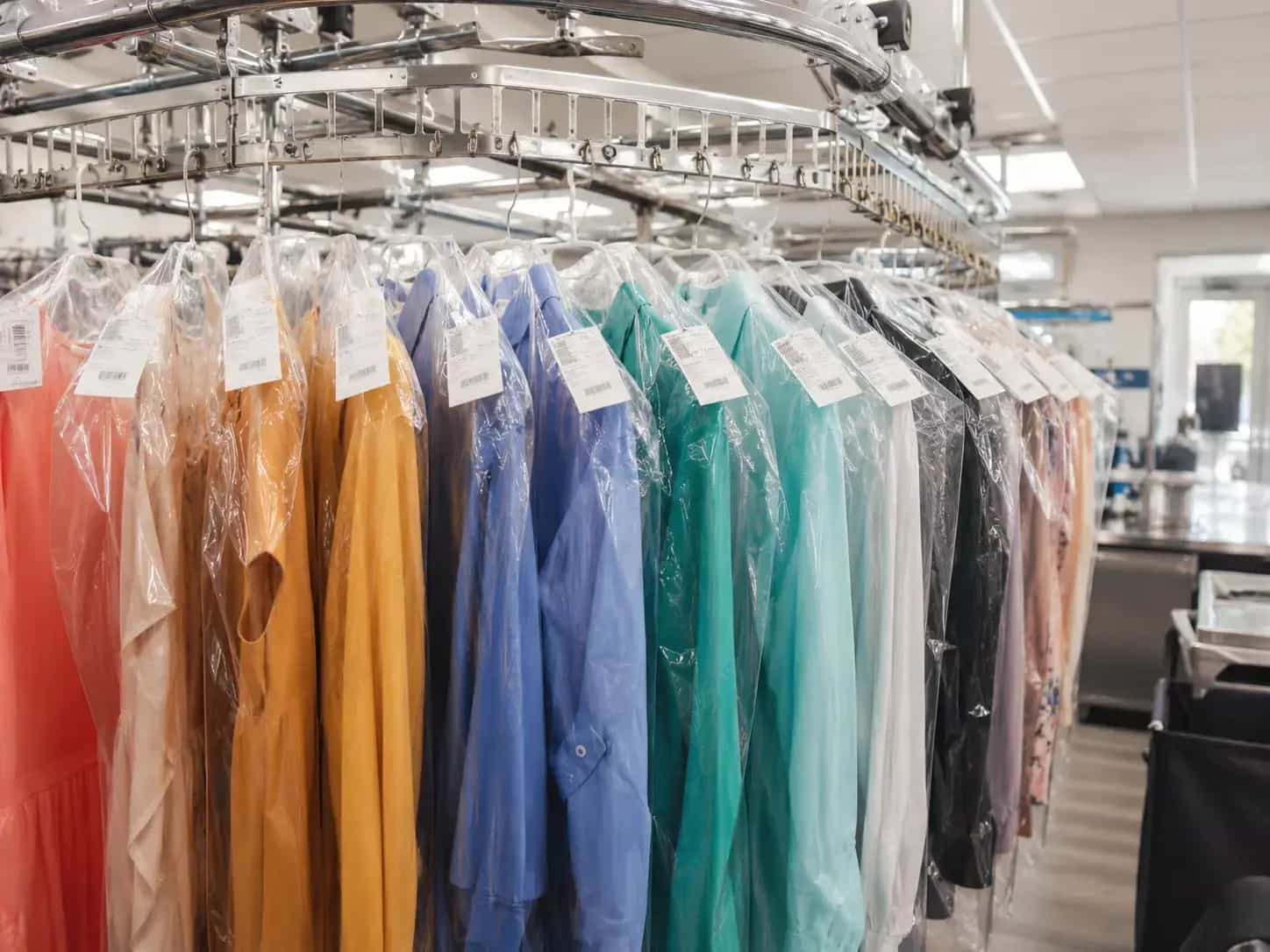 Finished dry cleaning garments in protective bags on a conveyor rack