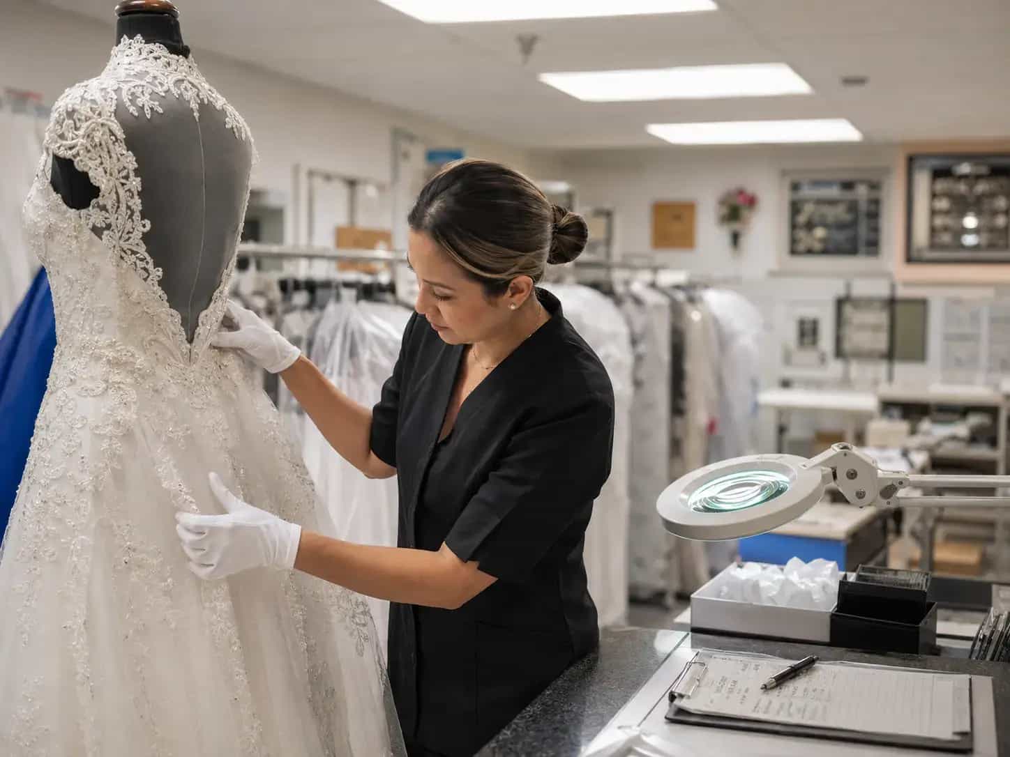 Foxboro Dry Cleaners specialist carefully inspecting a wedding gown for cleaning and preservation