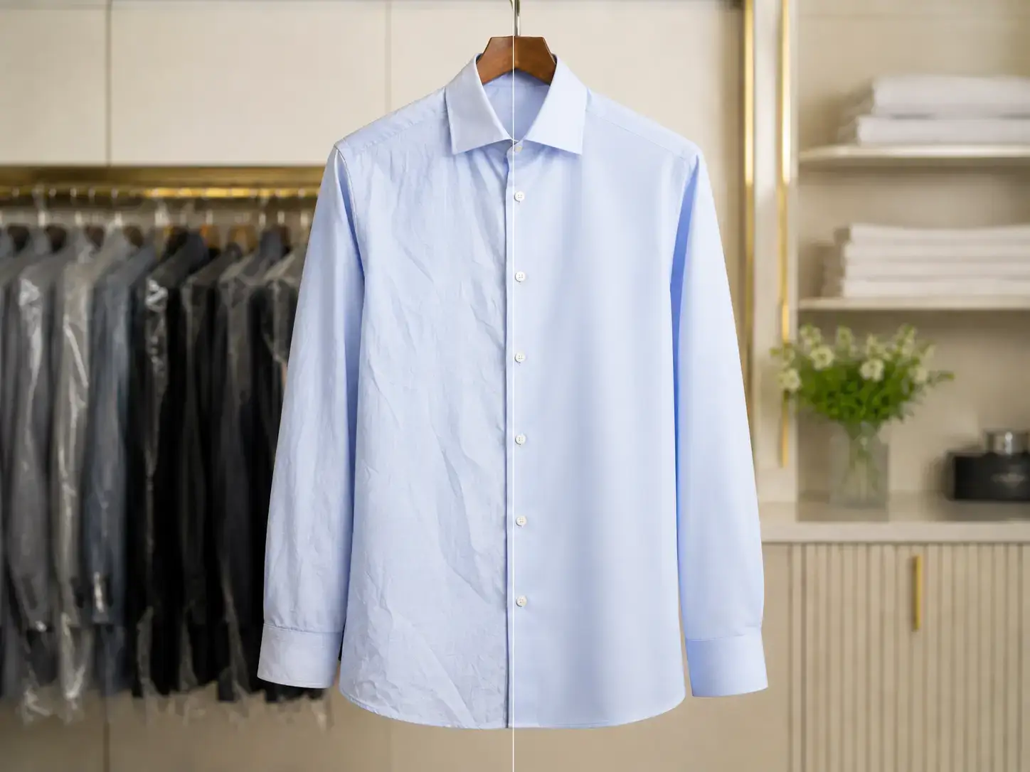 Dress shirts after professional laundering and pressing at Foxboro Dry Cleaners