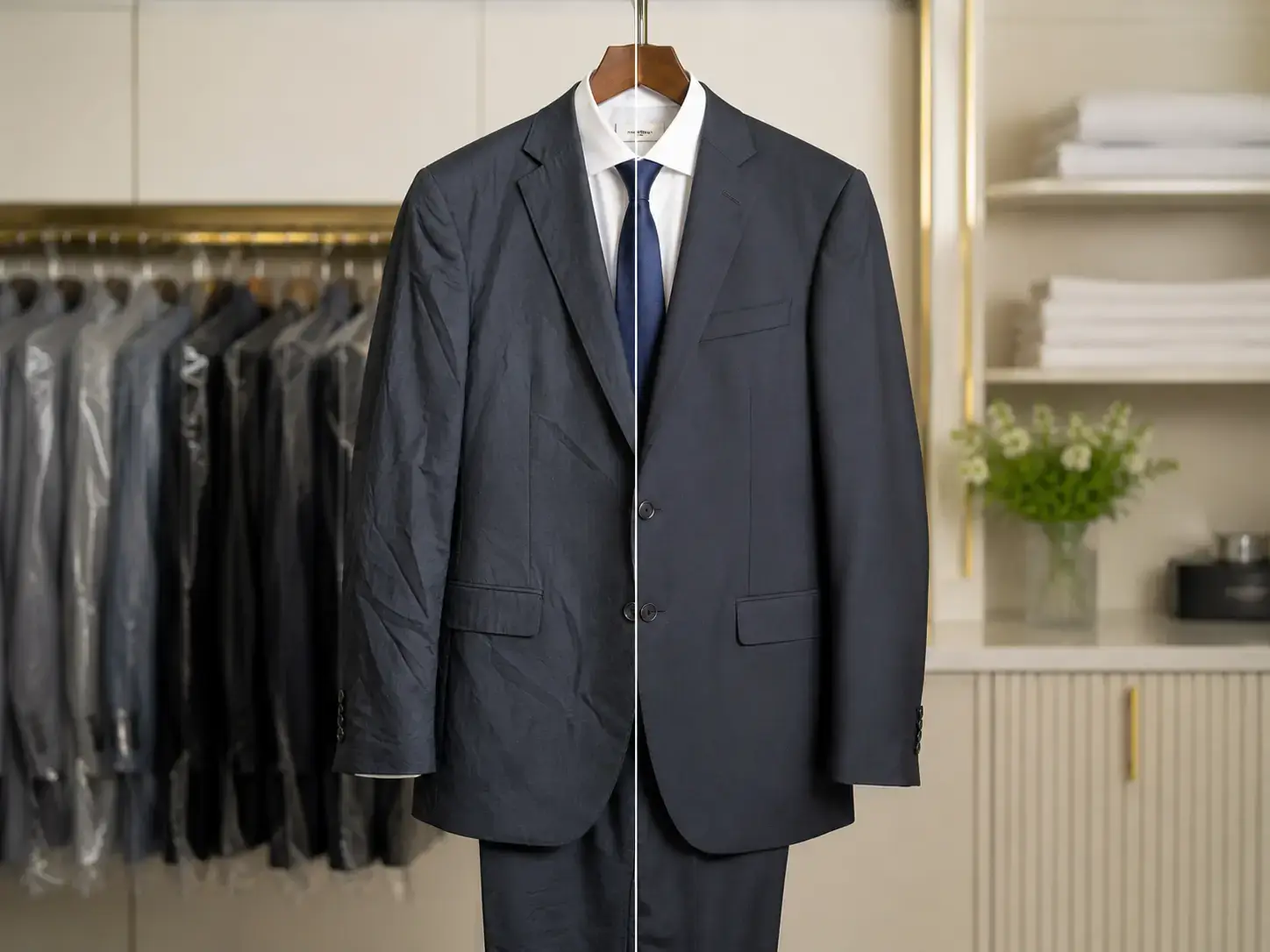 Two-piece suit after professional dry cleaning and pressing at Foxboro Dry Cleaners